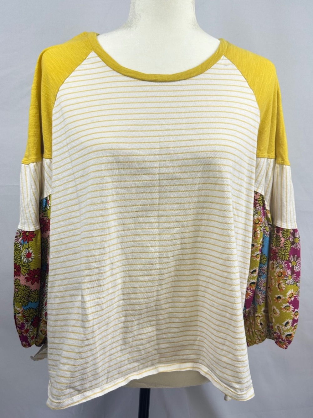 Women's White Yellow Striped with Multicolored Puff Sleeves High-Low Hem